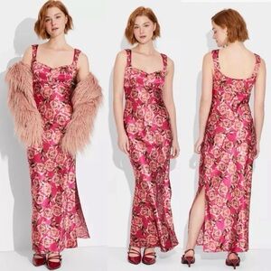 Wild Fable Women’s Satin Slit Dress Maxi Red Pink Floral Print Sz Medium NWOT